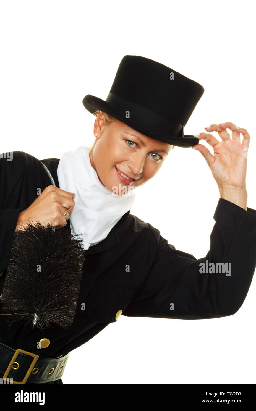 Frau als ein Schornsteinfeger. Glücksbringer zu Silvester und Neujahr. Stockfoto