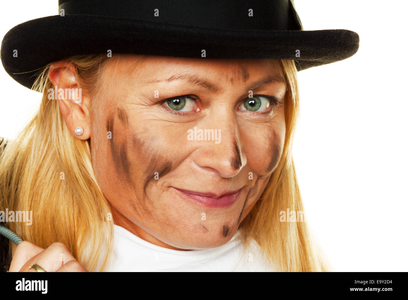 Frau als ein Schornsteinfeger. Glücksbringer zu Silvester und Neujahr. Stockfoto