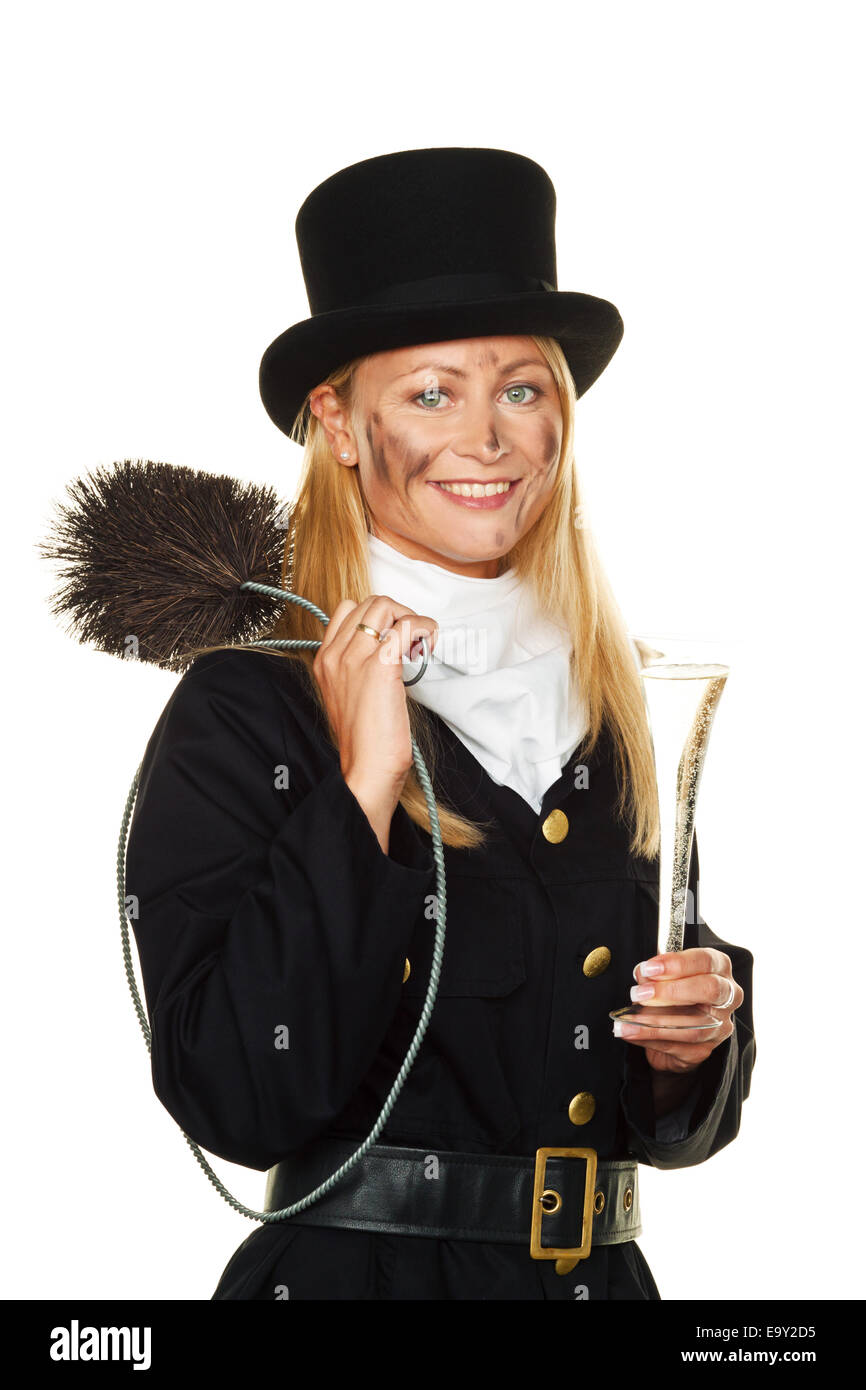 Frau als ein Schornsteinfeger. Glücksbringer zu Silvester und Neujahr. Stockfoto