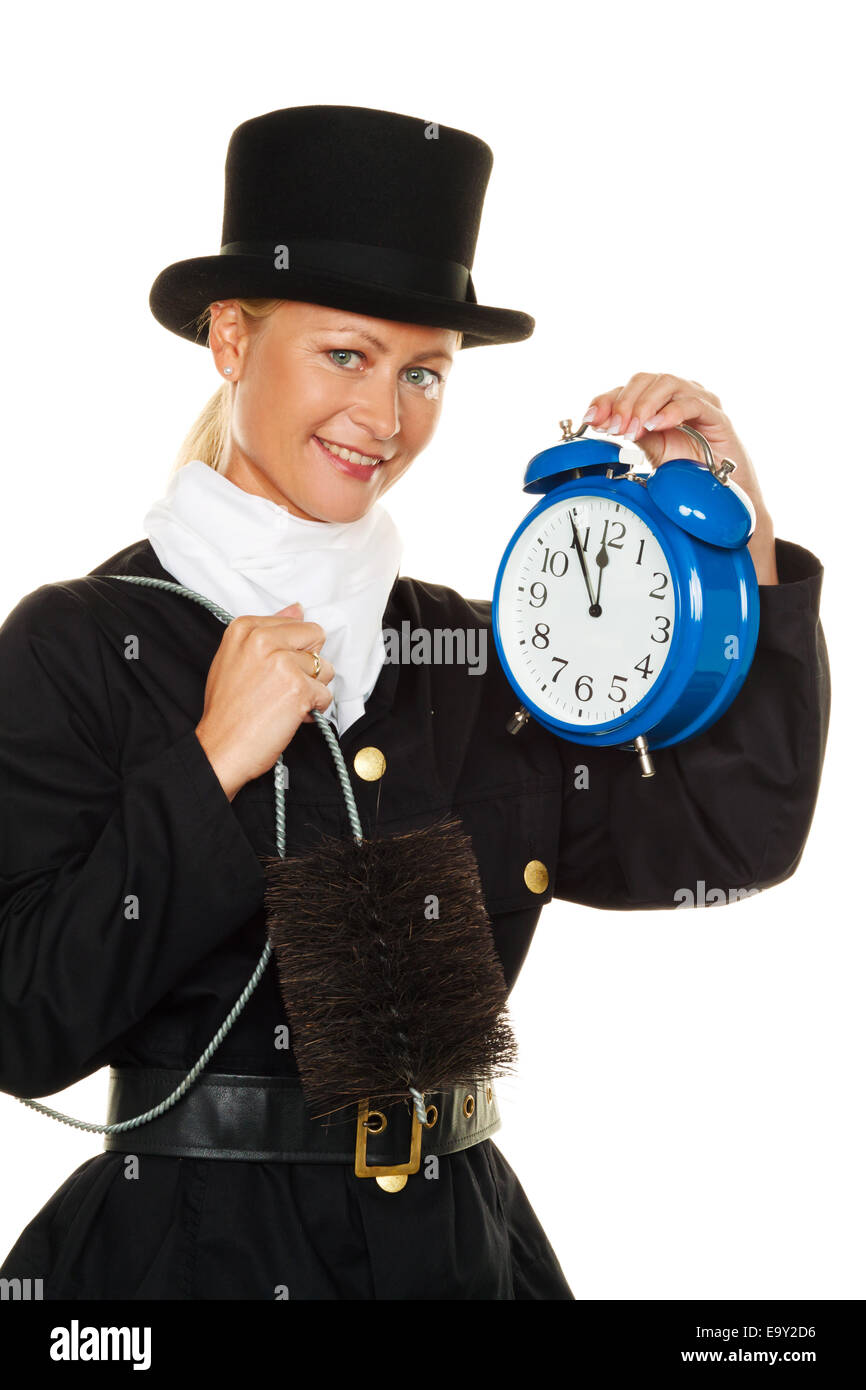 Frau als ein Schornsteinfeger. Glücksbringer zu Silvester und Neujahr. Stockfoto
