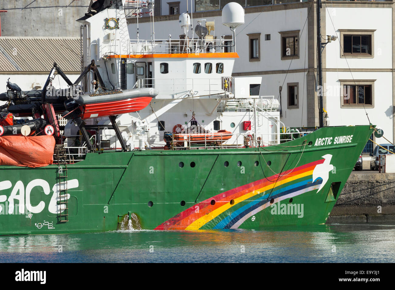 Greenpeace-Schiff, Arctic Sunrise im Hafen von Las Palmas. Stockfoto