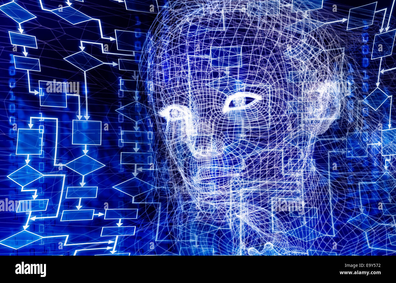 Lizenz verfügbar unter MaximImages.com - Woman Digital Virtual Reality Human Face konzeptionelle 3D-Darstellung mit Flussdiagramm und binärem Code auf blau Stockfoto