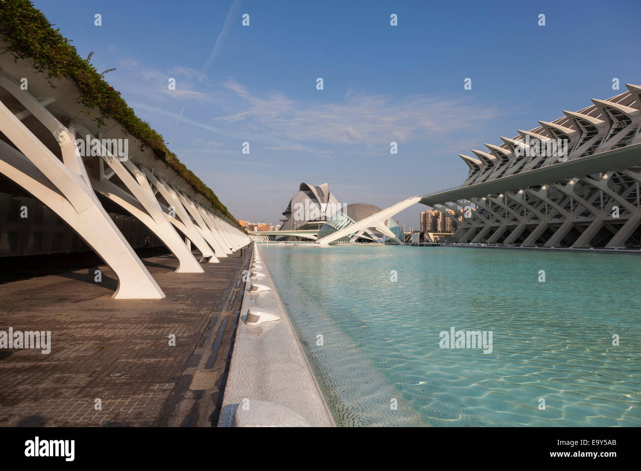 See und Gehweg zwischen das Umbracle und das Museo de Las Ciencias Príncipe Felipe, Stadt der Künste und Wissenschaften, Valencia, Spanien. Stockfoto See und Gehweg zwischen das Umbracle und das Museo de Las Ciencias Príncipe Felipe, Stadt der Künste und Wissenschaften, Valencia, Spanien. Stockfoto
