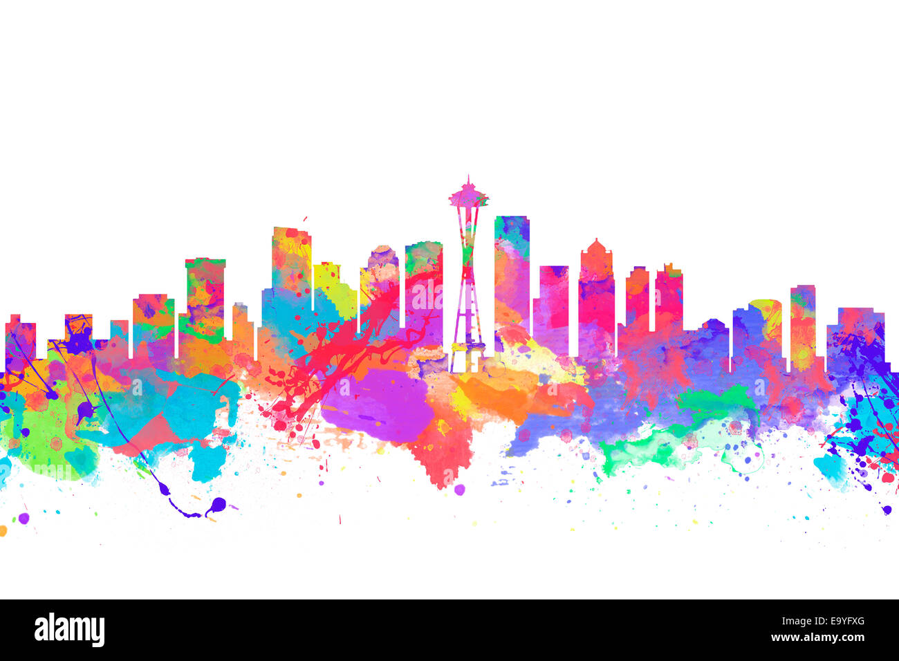 Aquarell Kunstdruck auf die Skyline von Seattle USA Stockfoto