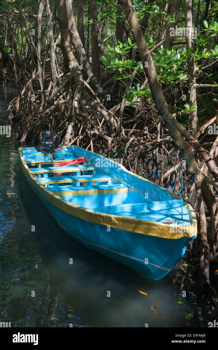 Dominikanische Republik, Osten, Sabana de la Mar, Nationalpark Los Haitises, Boot im Kanal zur Höhle Cueva de La Linea Stockfoto