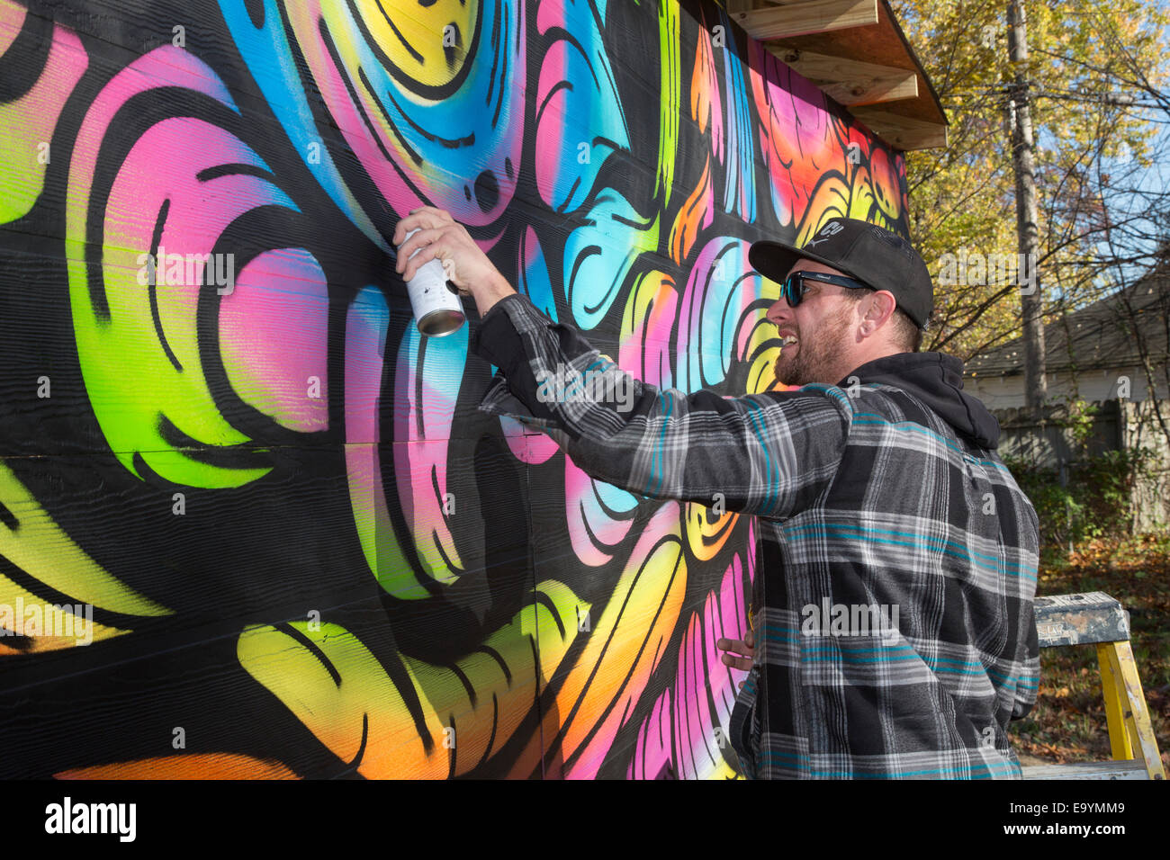 Detroit, Michigan - Street Künstler bei der Arbeit als Block club Baulücken in eine Nachbarschaft Park entwickelt. Stockfoto