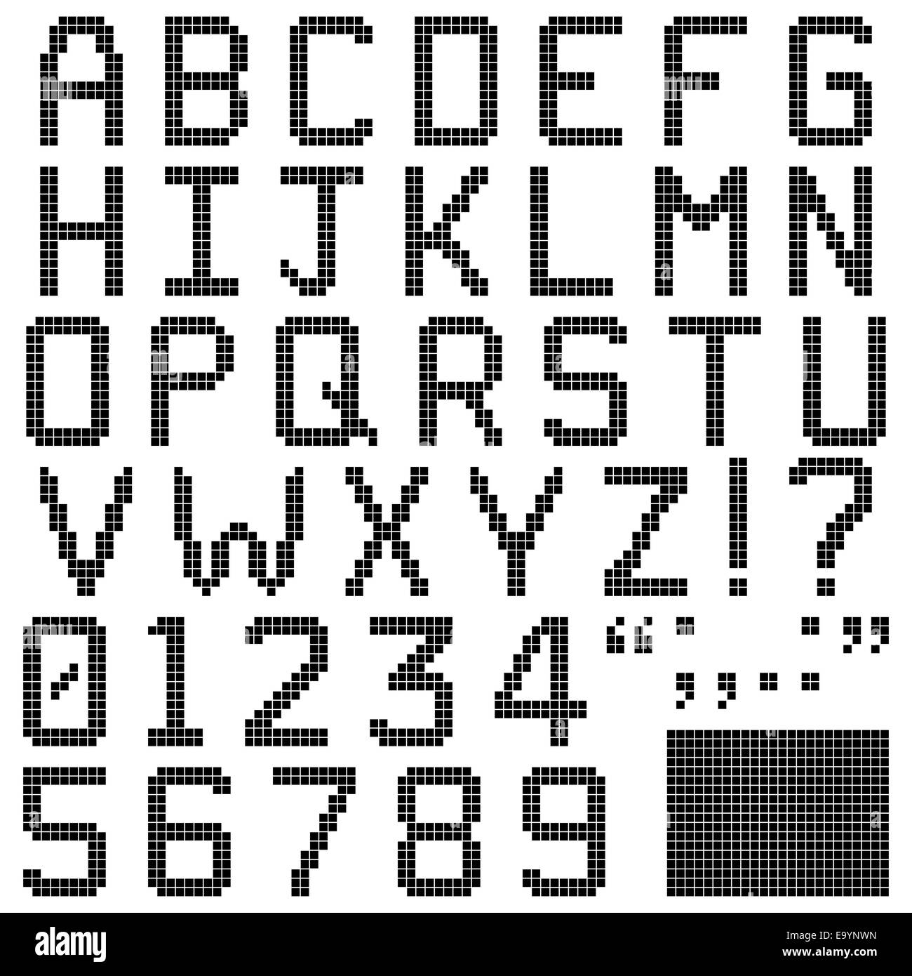 Großbuchstaben-Alphabet, Ziffern und Satzzeichen in Retro-quadratische Pixel Schriftart. Isoliert und freie Pixel enthält. Stockfoto