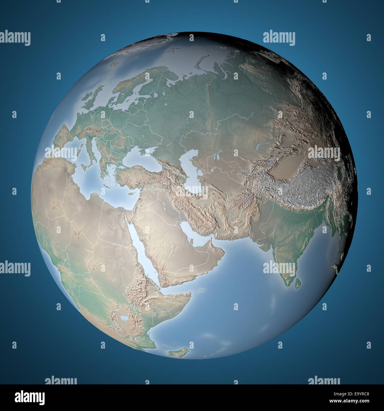 Globus-Symbol mit glatten Schatten und weiße Karte der Kontinente der Welt Stockfoto