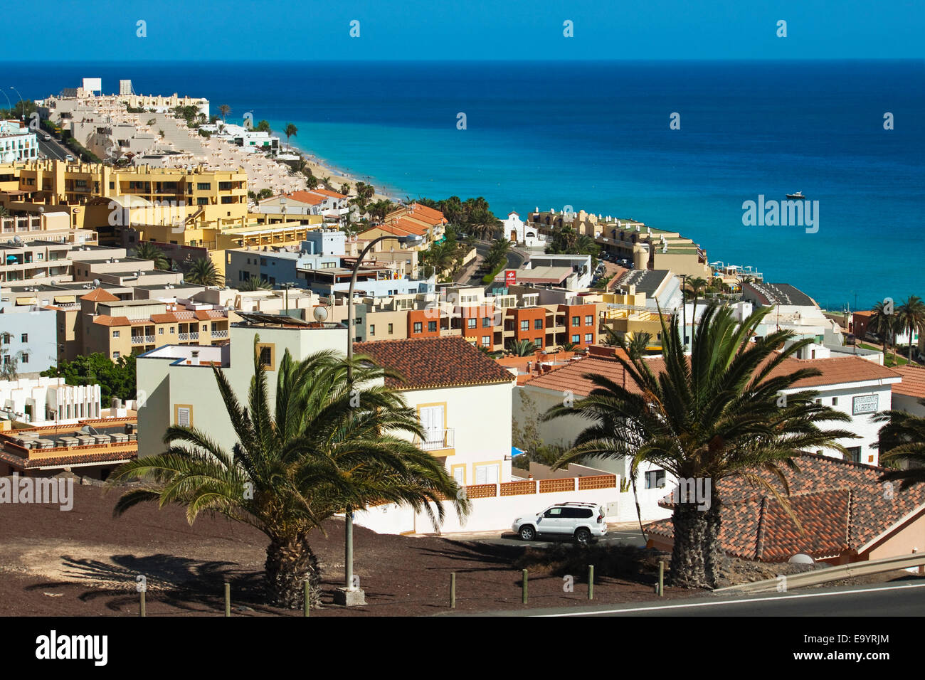 Resort mit guten Flughafen Zugang an der weit Südküste, beliebt bei deutschen; Morro Jable, Fuerteventura, Kanarische Inseln, Spanien Stockfoto