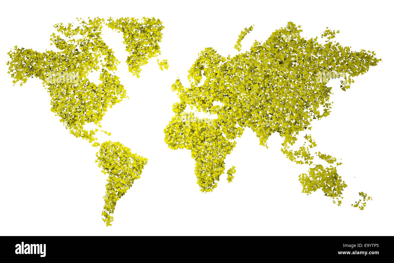 Gelbe 3D-Bild Weltkarte auf weißem Hintergrund Stockfoto