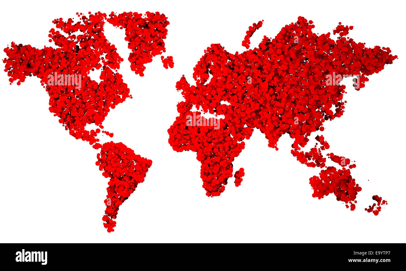 Rot 3D-Bild Weltkarte auf weißem Hintergrund Stockfoto