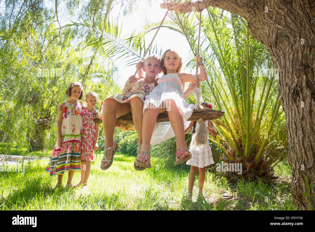 Fünf Mädchen spielen mit Baum-Schaukel im Garten Stockfoto