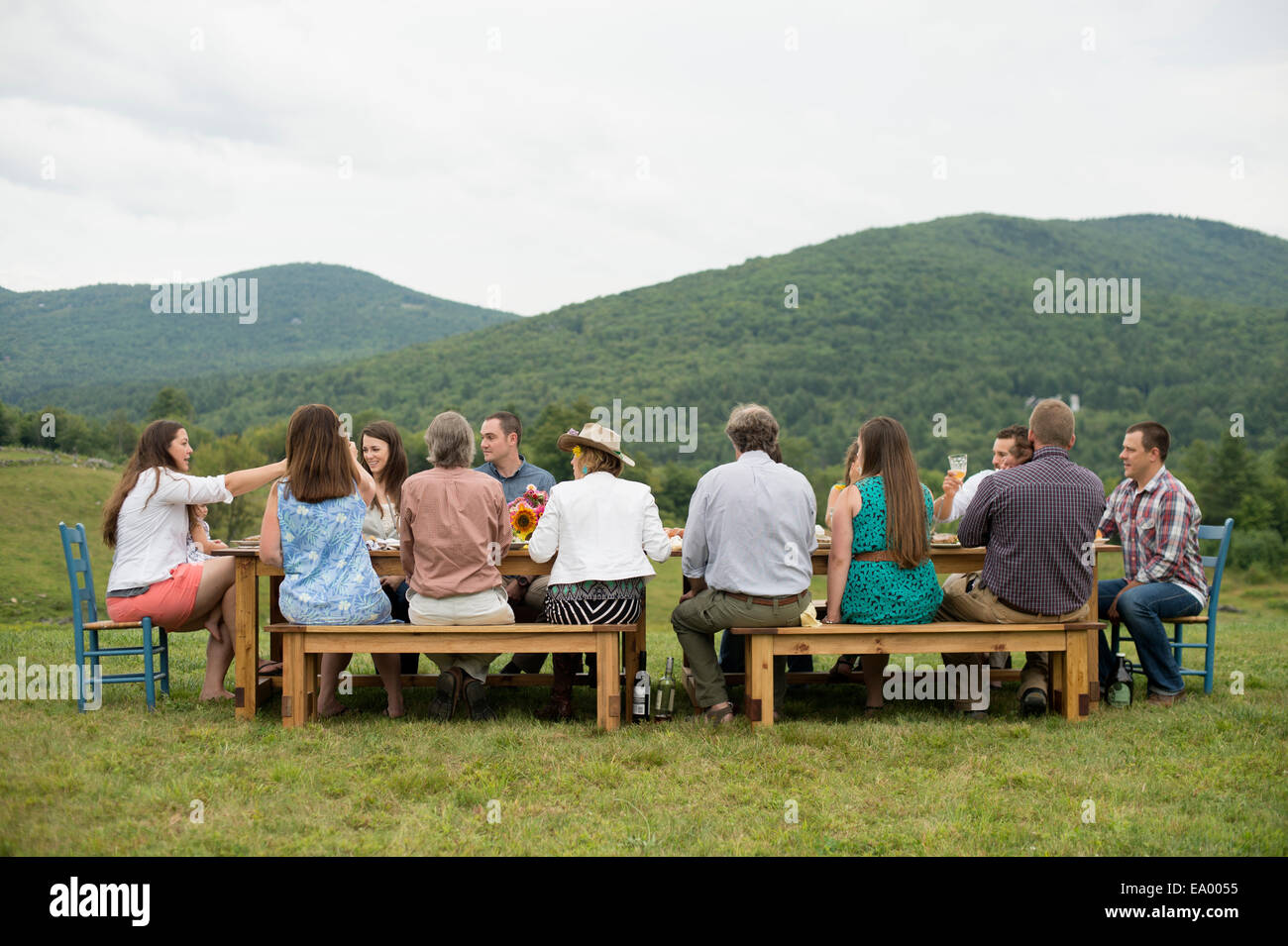 Familie und Freunde machen einen Toast auf Mahlzeit im freien Stockfoto
