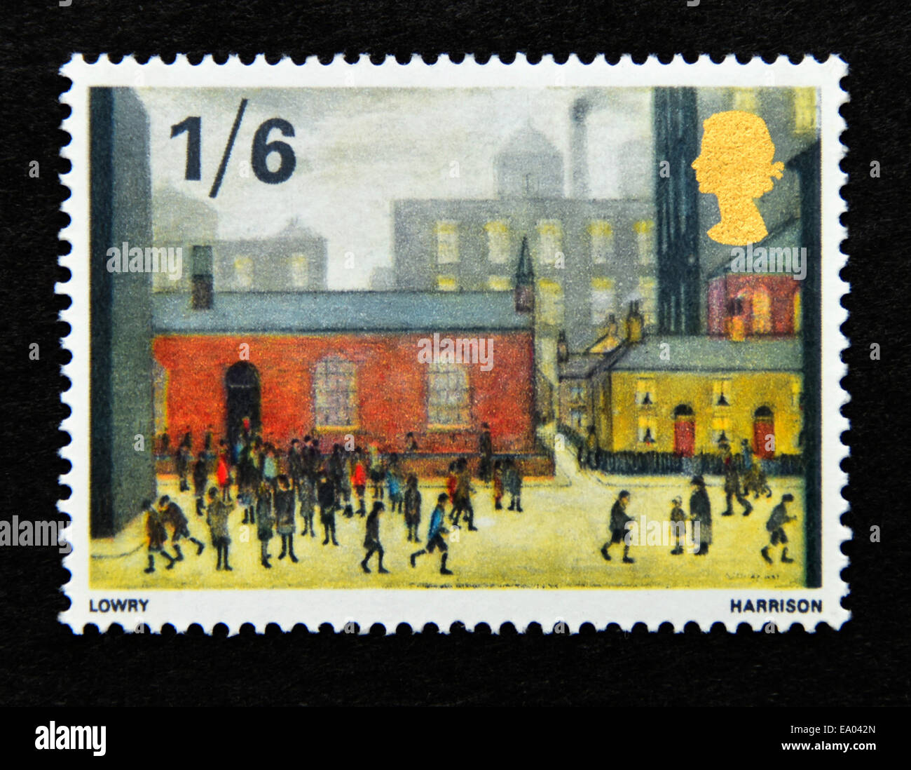 Briefmarke. Great Britain. Königin Elizabeth II. Britischer Gemälde. 1967. "Kinder kommen aus der Schule", L.S.Lowrey. 1/6. Stockfoto