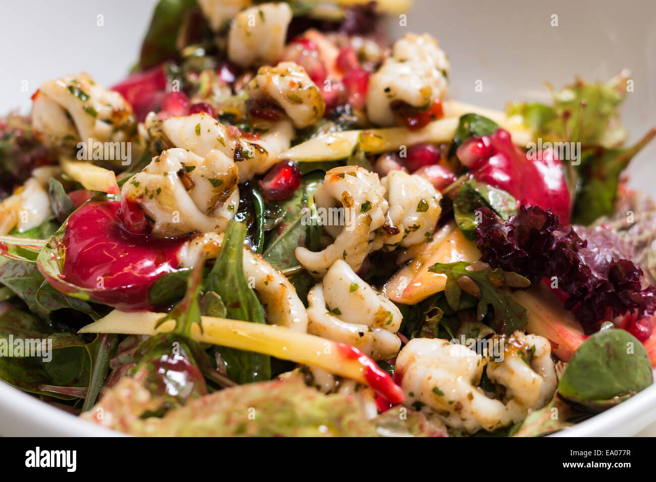 Shrimps-Salat mit Rucola und Granatapfel Stockfoto