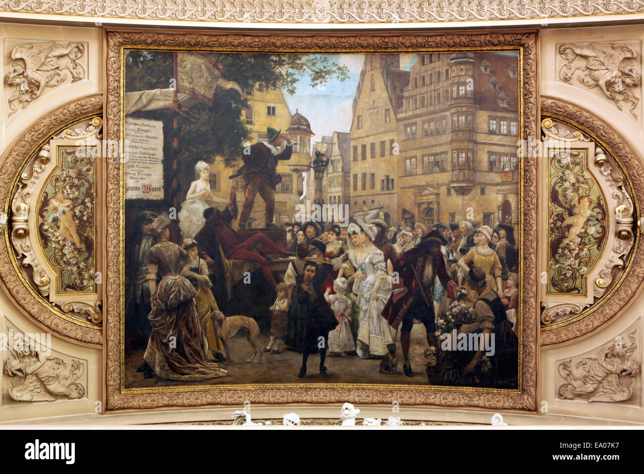 Mittelalterlichen Straßentheater. Deckengemälde von Ernst Klimt im Burgtheater in Wien, Österreich. Stockfoto Mittelalterlichen Straßentheater. Deckengemälde von Ernst Klimt im Burgtheater in Wien, Österreich. Stockfoto