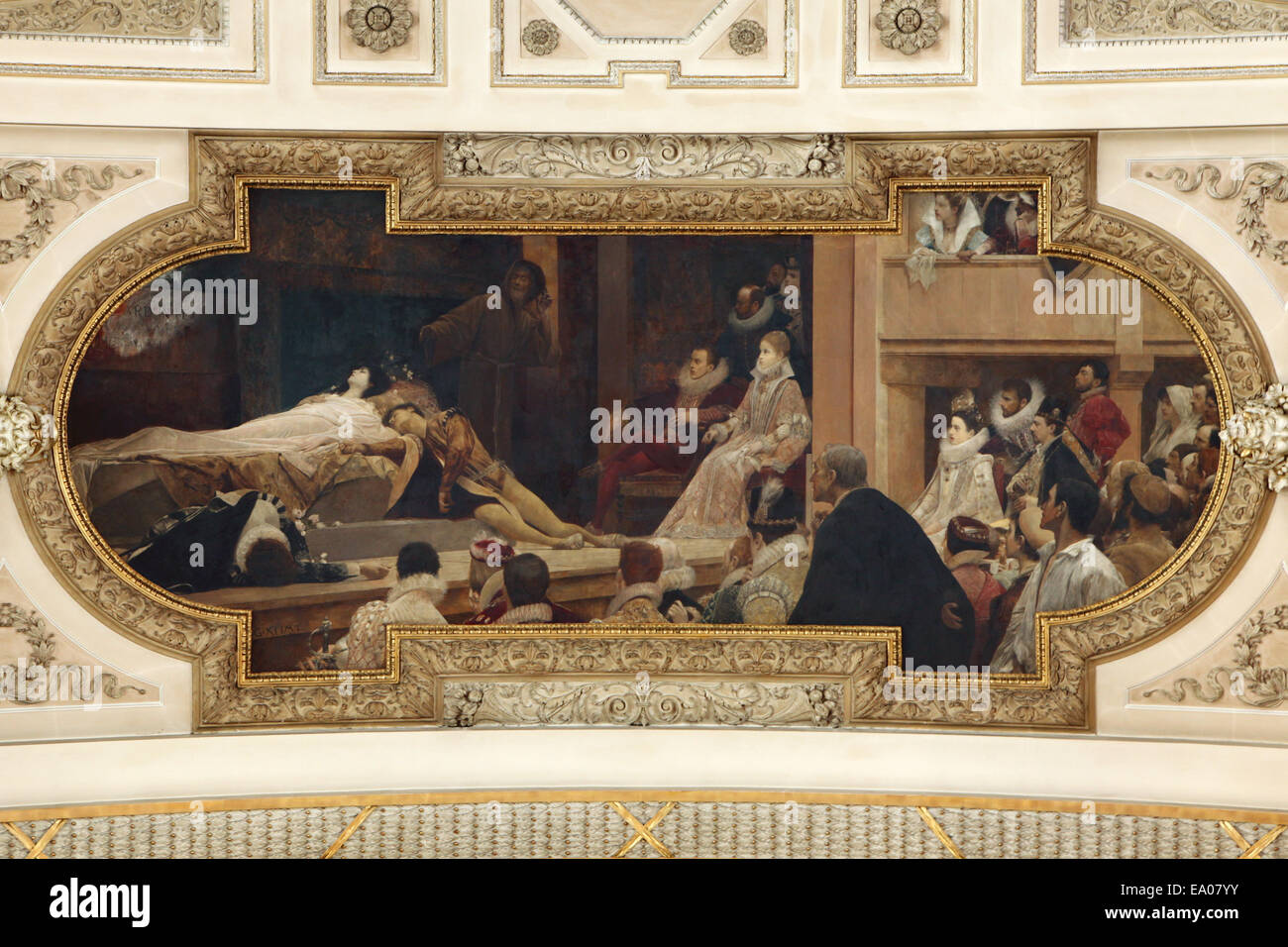 Das Shakespeare-Theater. Romeo und Julia. Deckengemälde von Gustav Klimt von 1886 / 87 im Burgtheater in Wien, Österreich. Stockfoto