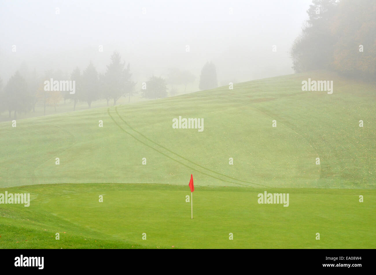 In einer frühen Morgennebel bedeckt Dalmuir Park Golf Club Stockfoto