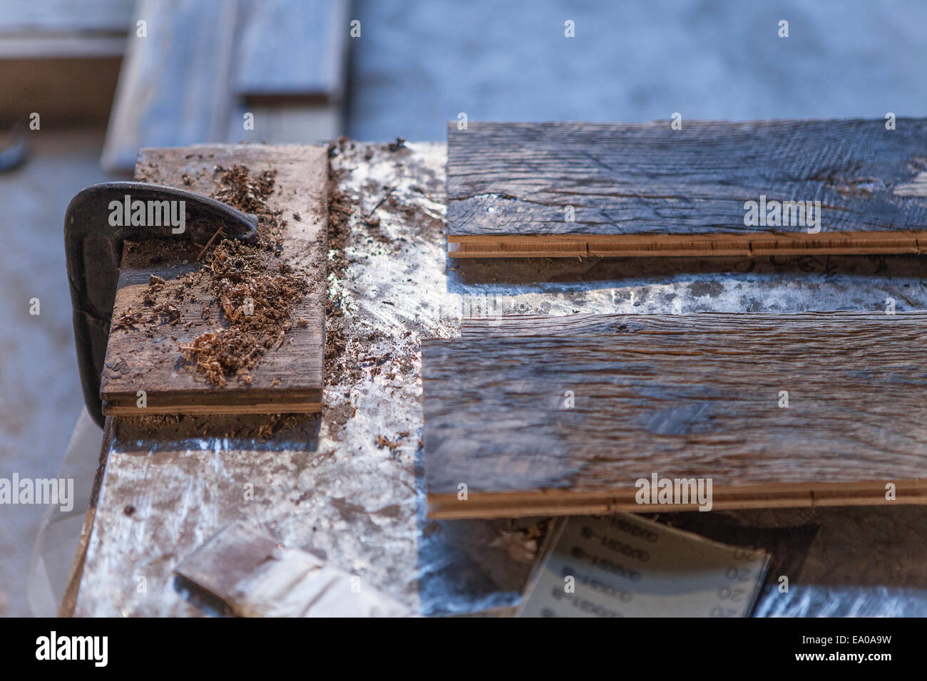 Nahaufnahme von Holzplanken in Fabrik, Jiangsu, China Stockfoto