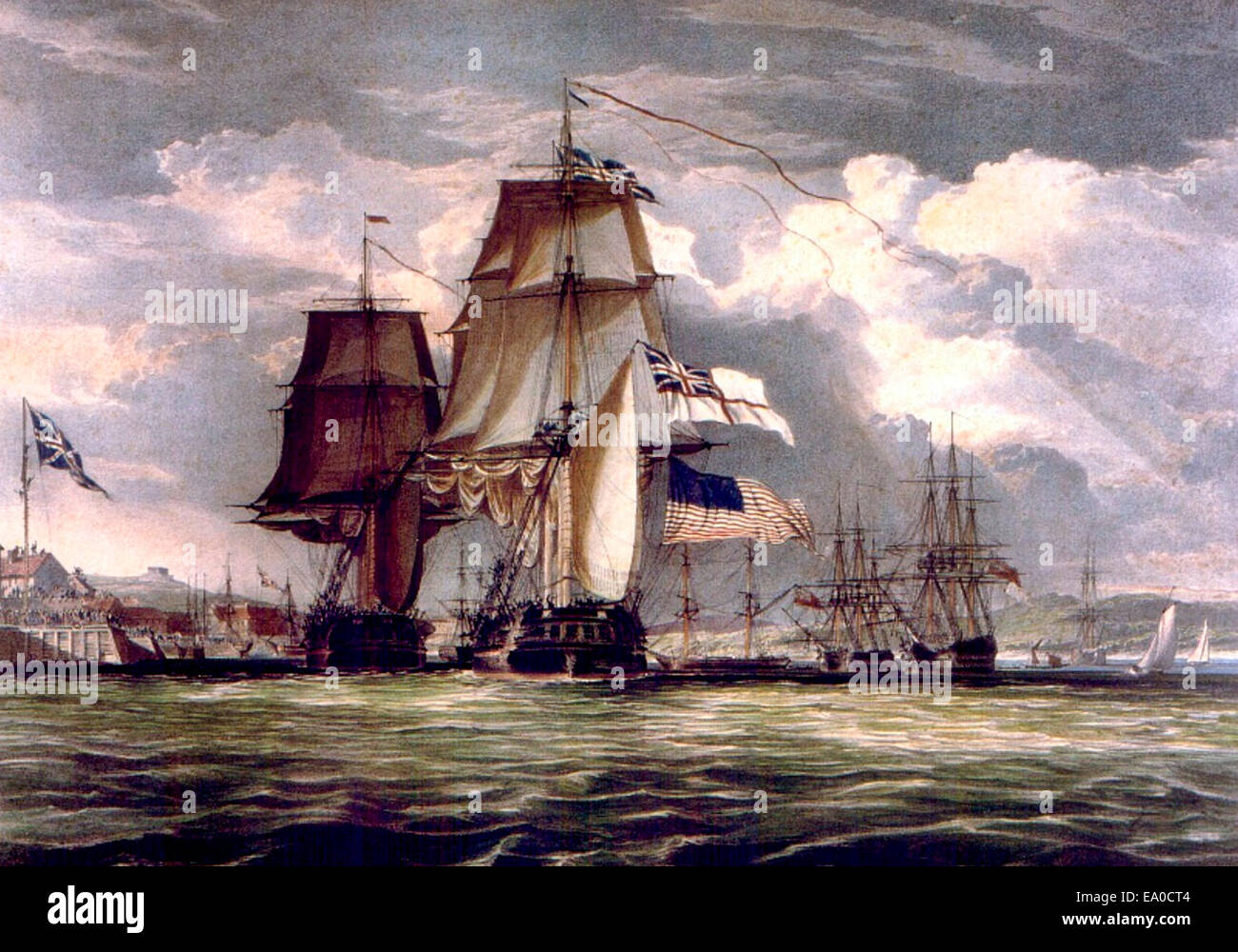 HMS Shannon führt sie den Preis der amerikanischen Fregatte Chesapeake in Halifax Harbour, 1813, während des Krieges von 1812. Stockfoto