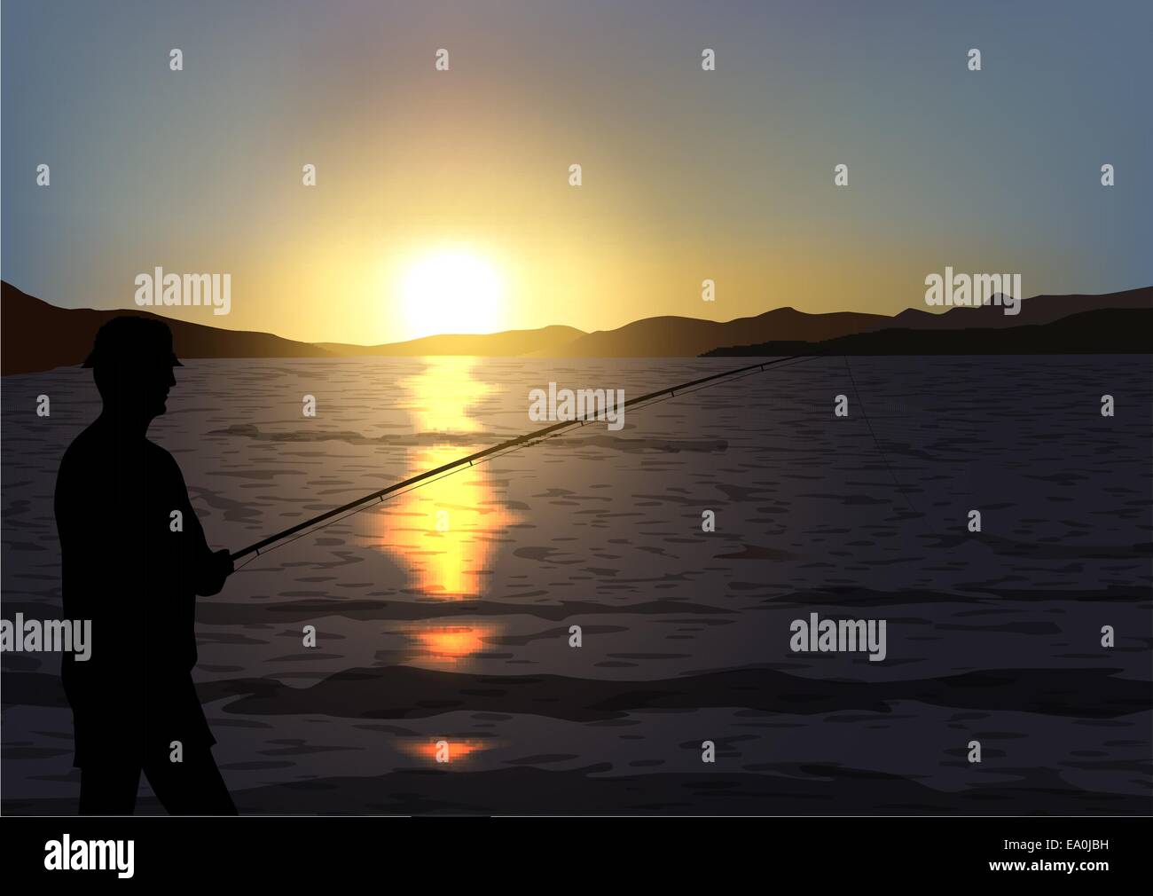 Vektor ruhige Szene mit Sonnenuntergang und Fischer Silhouette, eps10 Datei, Verlaufsgitter und Transparenz verwendet Stock Vektor
