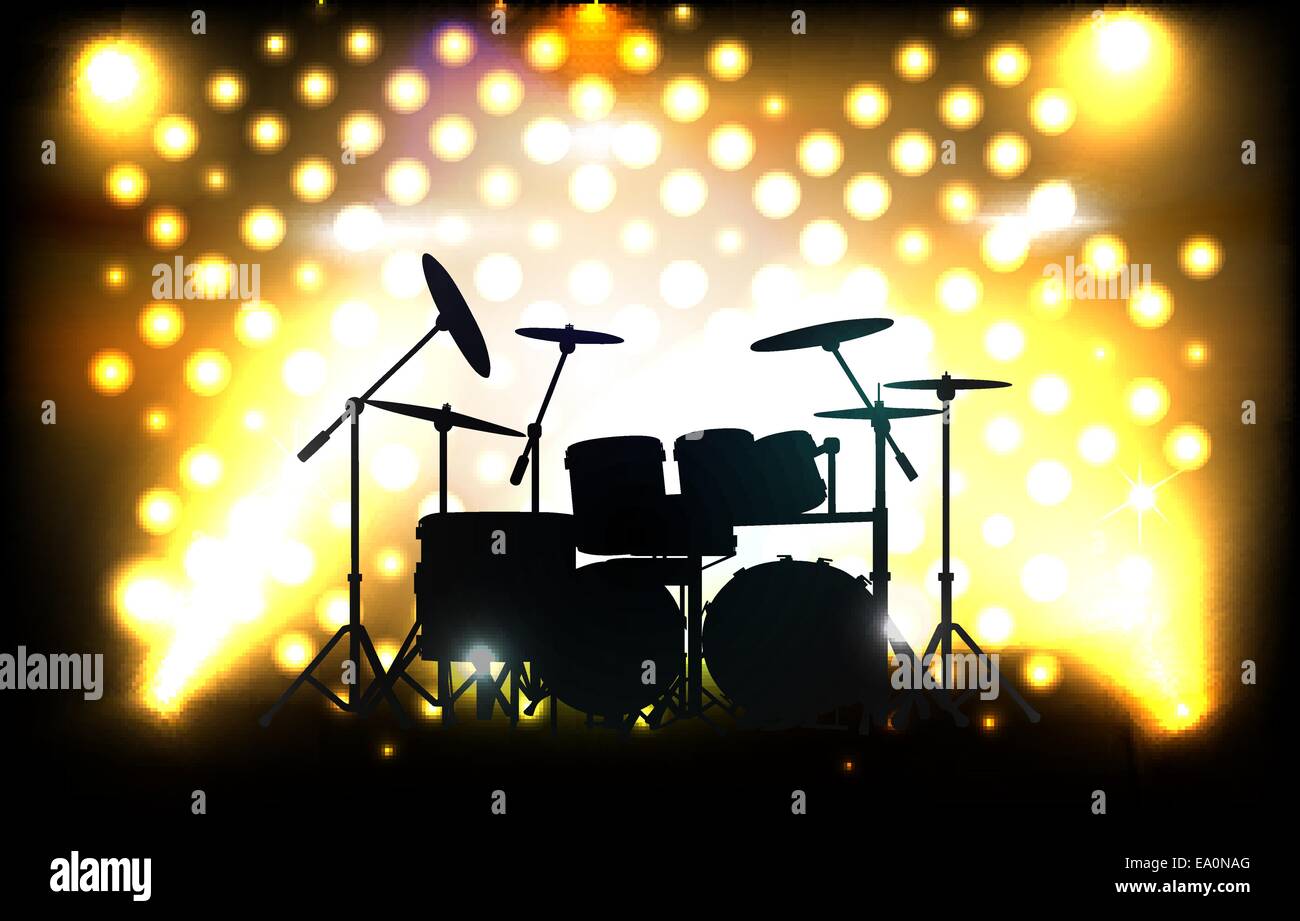 Vektor-Drum-Kit auf der Bühne vor dem Konzert, eps10 Datei, Verlaufsgitter und Transparenz verwendet Stock Vektor