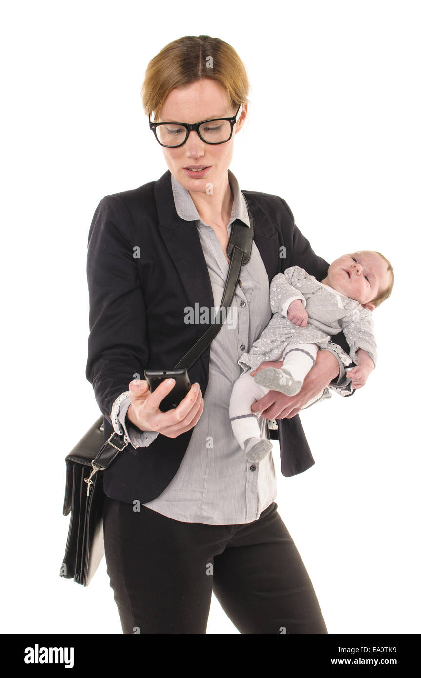 Geschäftsfrau Mit Baby Und Handy Stockfoto