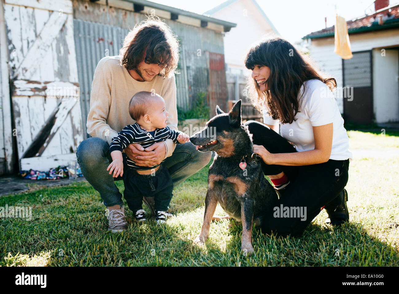 Baby Boy und Haustier Hund treffen im Garten Stockfoto