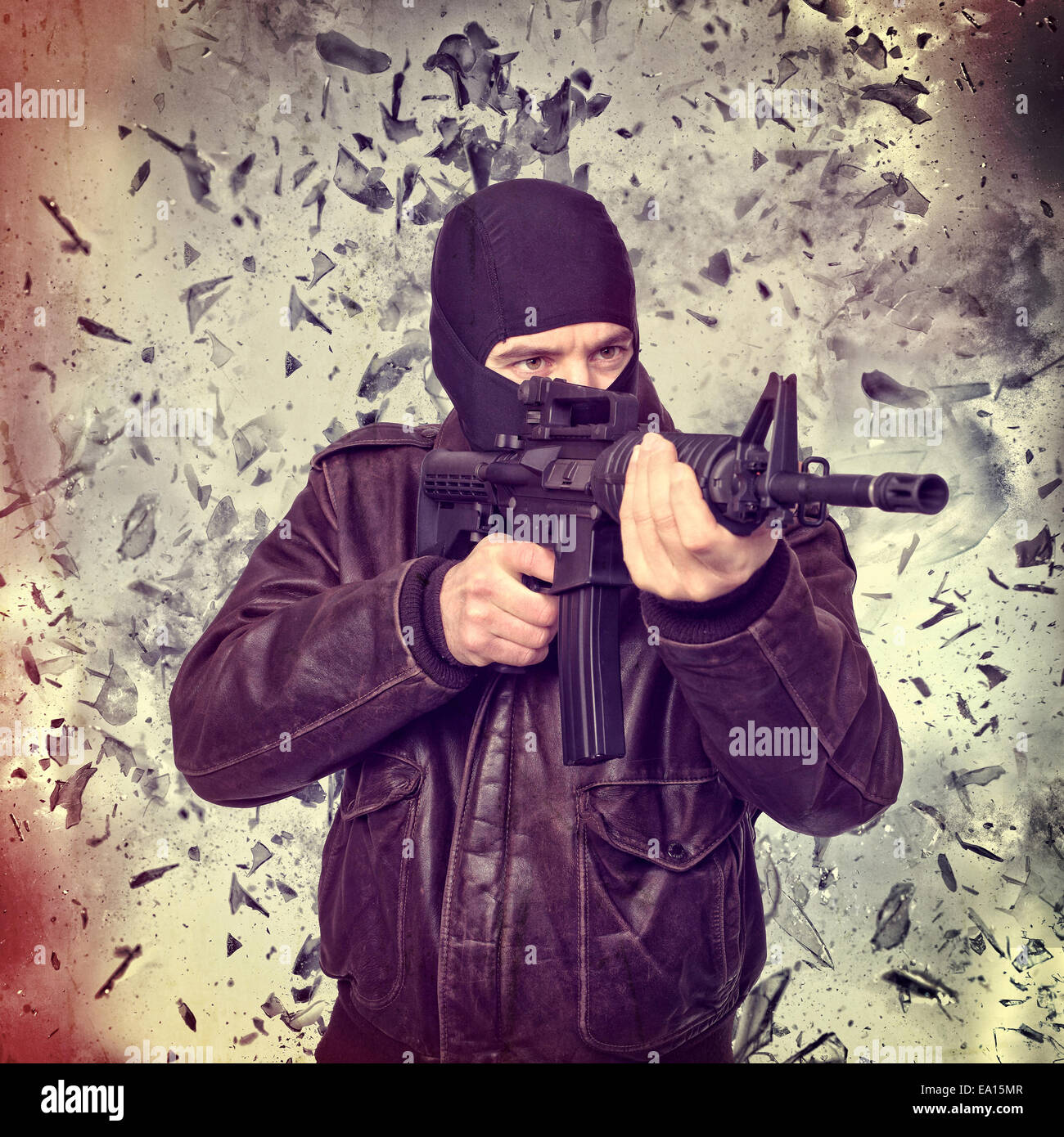 terroristischen Porträt und Hintergrund-explosion Stockfoto