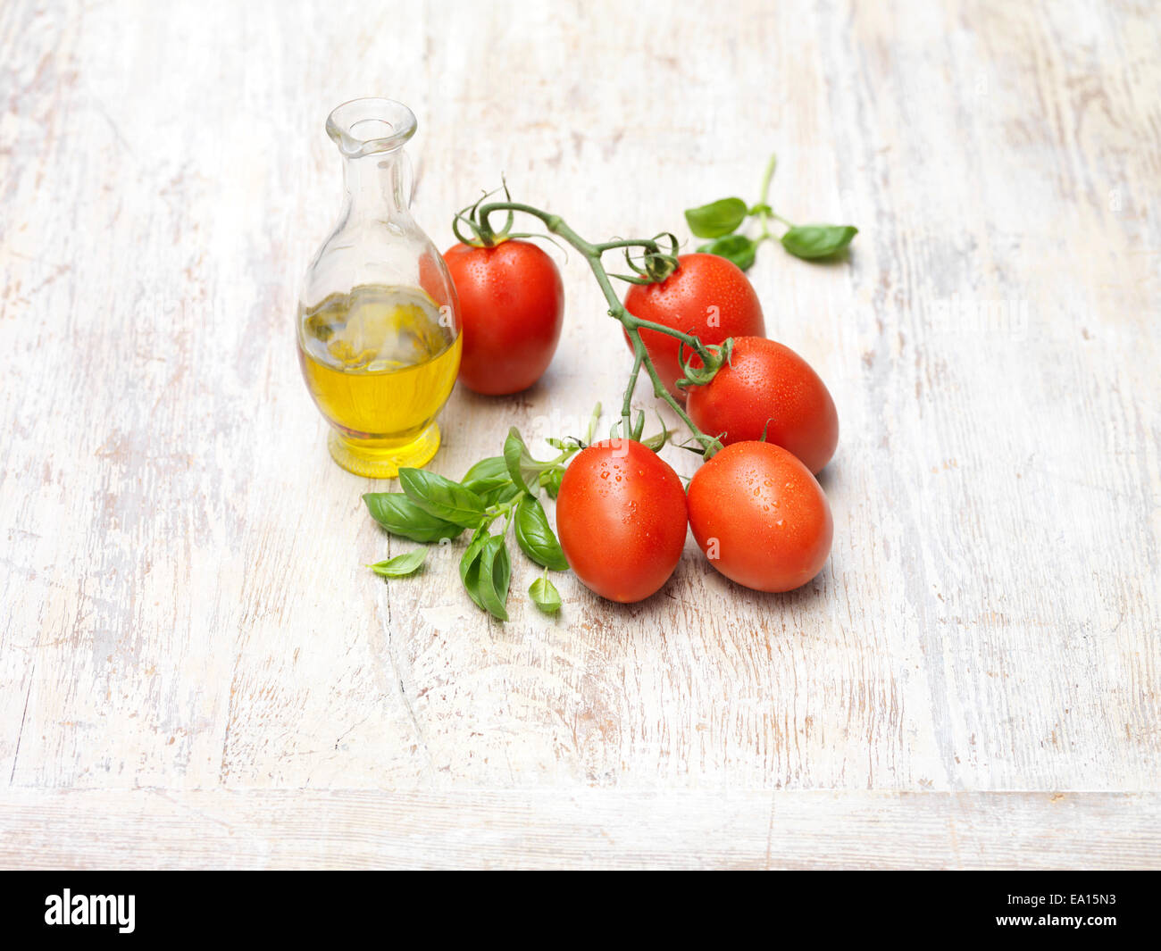 Basilikum, Olivenöl, rote saftige süße Strauchtomaten Stockfoto