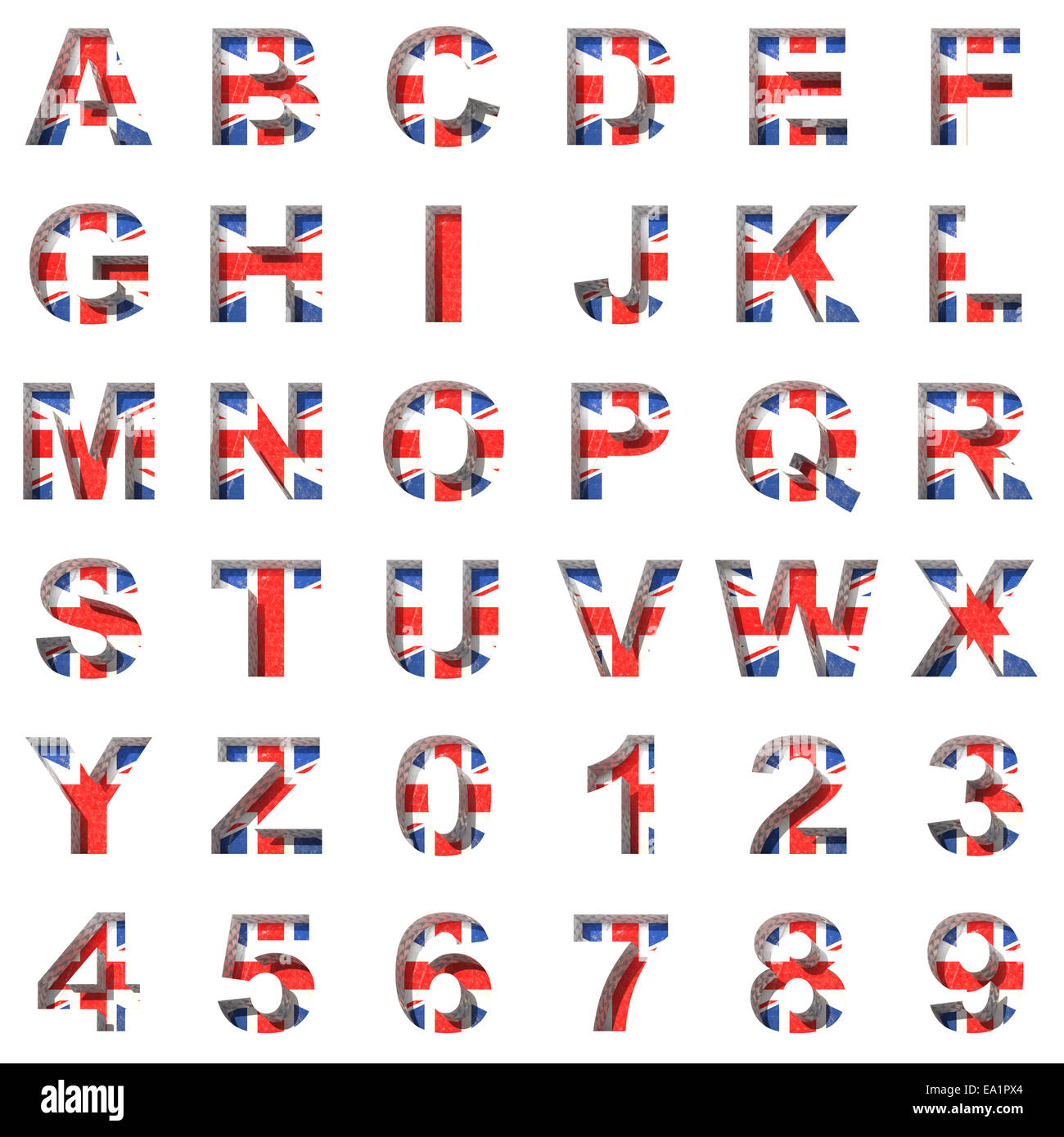 Großbritannien-Alphabet auf weißem Hintergrund Stockfoto