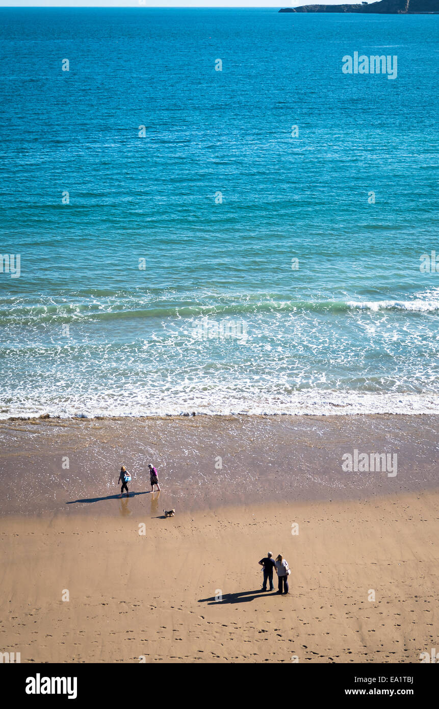 Zwei Paar und ein Hund-s an einem einsamen Strand in Tenby "Out-of-Saison" Stockfoto