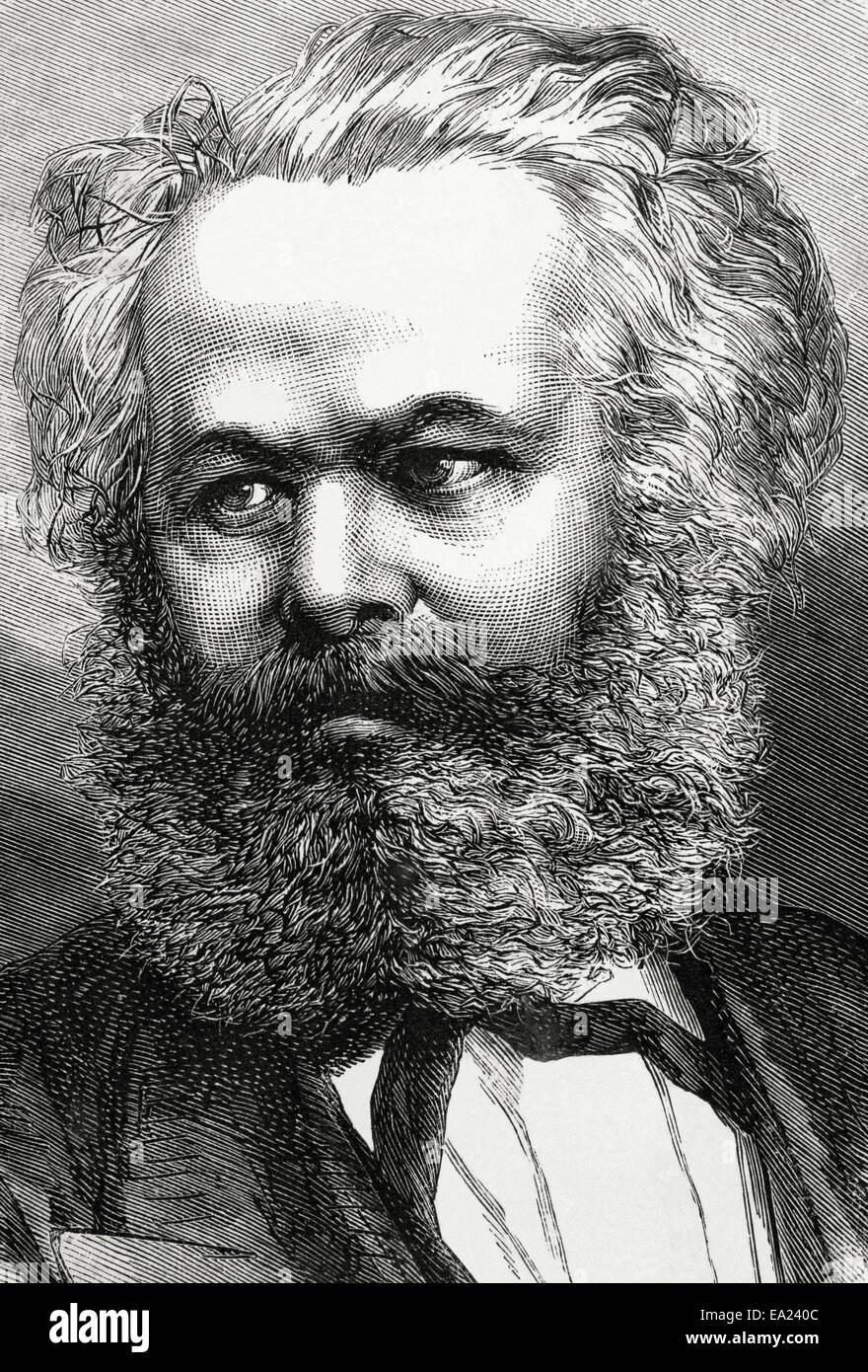 Karl Marx (1818-1883). Deutscher Philosoph, Nationalökonom und Kommunist. Porträt. Kupferstich von Capuz. Stockfoto