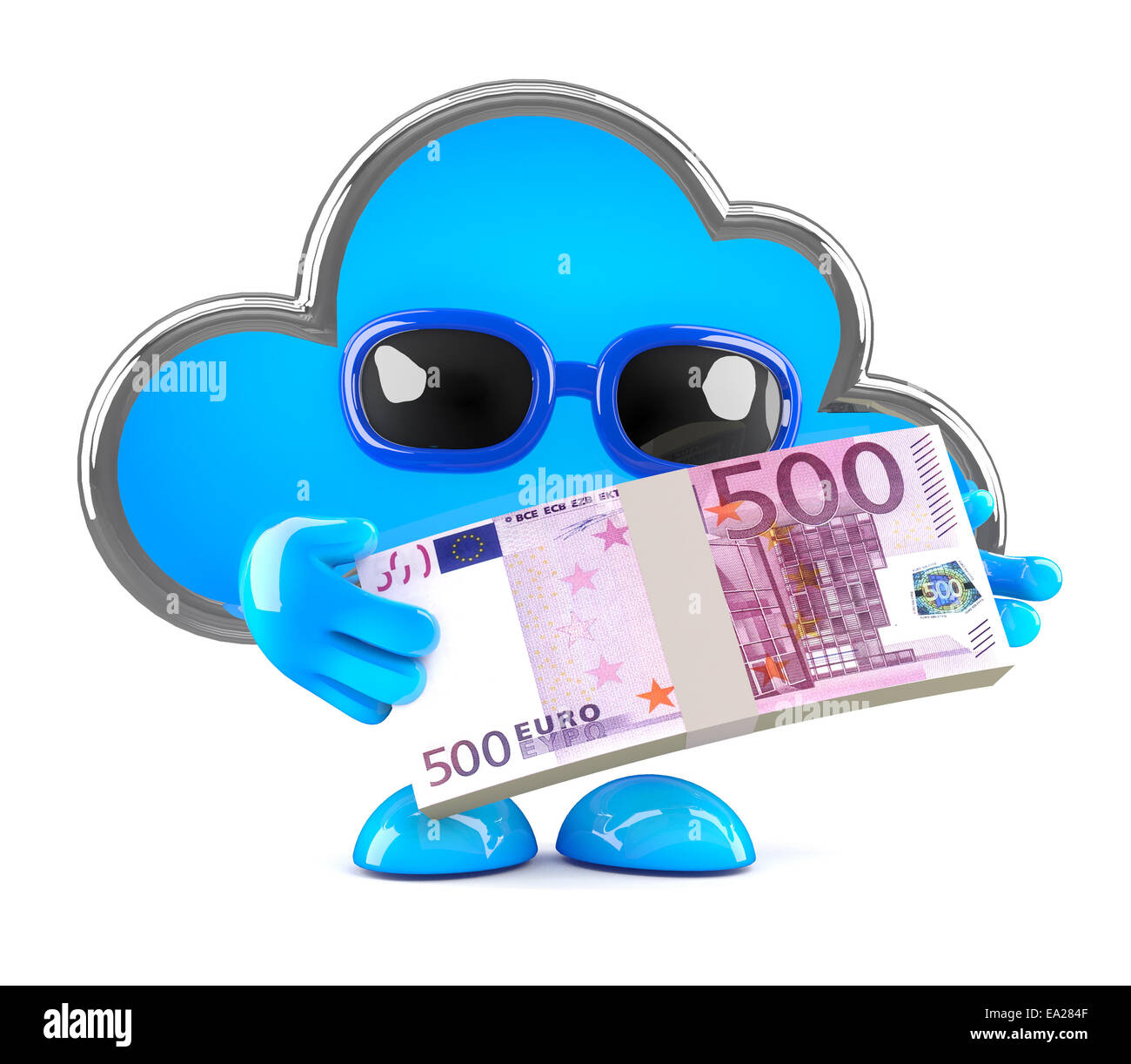 3D Rendering einer Wolke Charakter hält einen Stapel von Euro-Banknoten Stockfoto