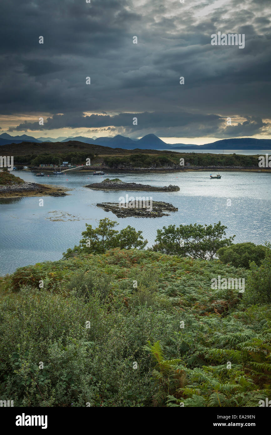 Kegelrobben, sonnen sich auf einer kleinen Insel auf der Ard-Dhubh Halbinsel mit der Isle of Raasay und Skye im Hintergrund, Schottland Stockfoto