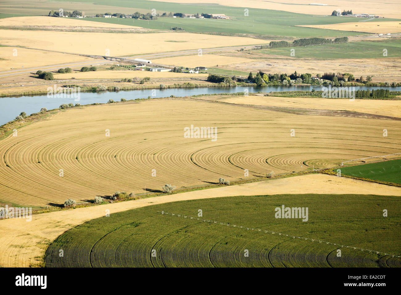 Eine Luftaufnahme von Ackerland mit Center Pivot Sprinkler- und andere Methoden der Bewässerung in der Landwirtschaft. Stockfoto