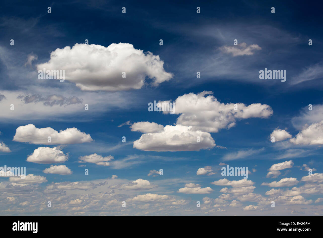 Blauer Himmel mit geschwollenen und trüben Wolken; Calgary, Alberta, Kanada Stockfoto