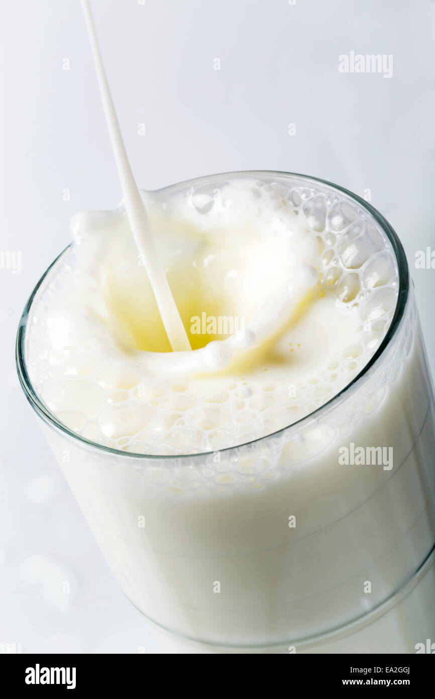 Nahaufnahme von Milch spritzt in Glas auf weißem Hintergrund; Calgary, Alberta, Kanada Stockfoto