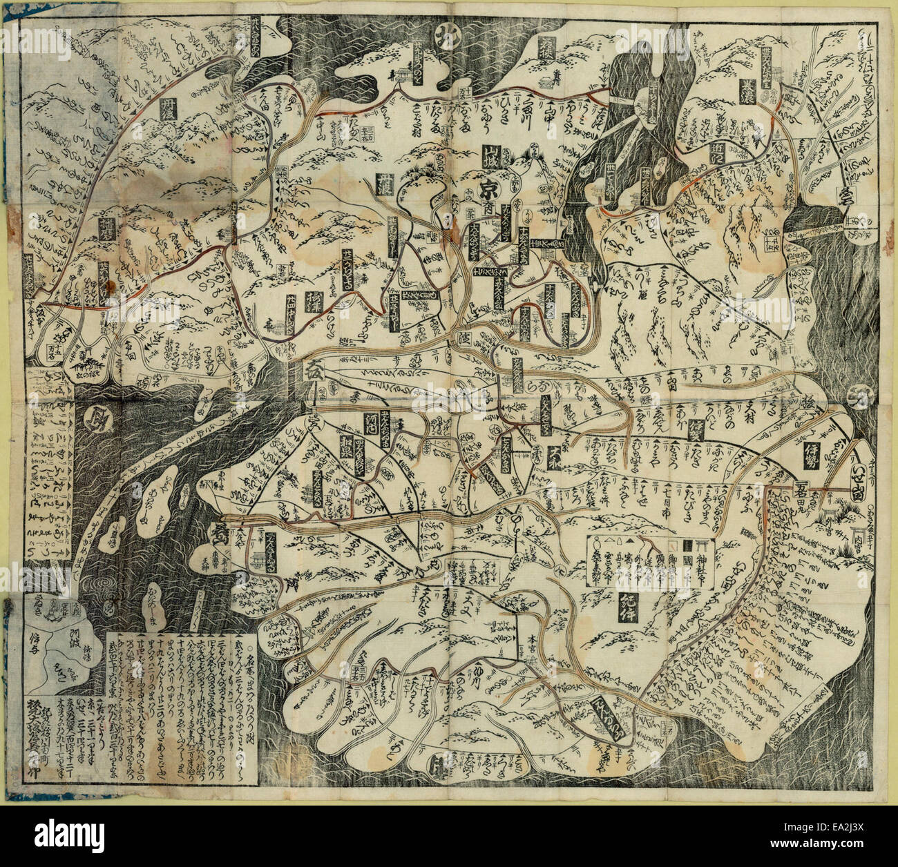 Eine Karte der Pilgerfahrt der dreiunddreißig Tempel in den westlichen Provinzen Japans, die den Weg der Pilger auf ihrer religiösen Reise darstellt. Stockfoto