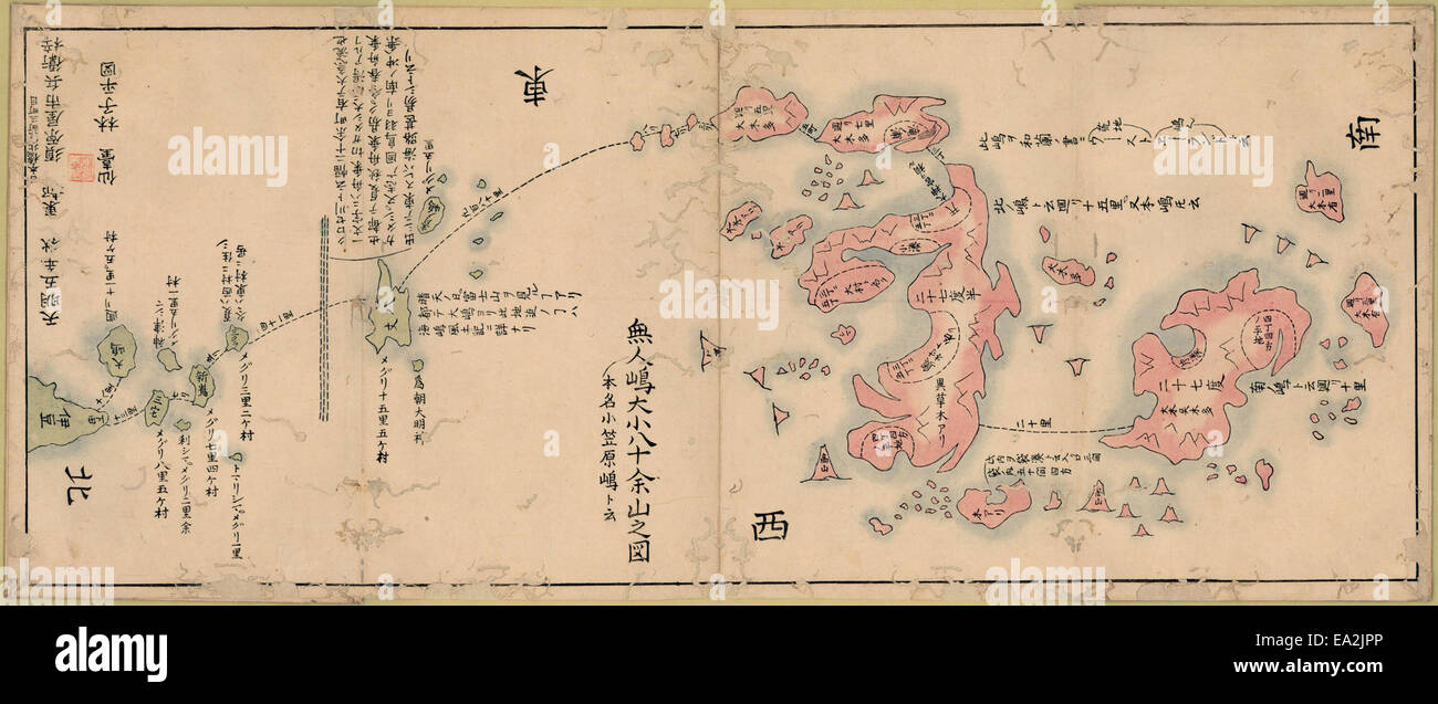 Diese Karte zeigt mehr als achtzig Inseln, große und kleine, der Muninjima-Gruppe. Diese Inseln befinden sich in Japan und sind Teil der Izu-Inseln, einem wichtigen geografischen Gebiet im Pazifischen Ozean. Die Karte zeigt die Geographie und Topographie des Archipels. Stockfoto