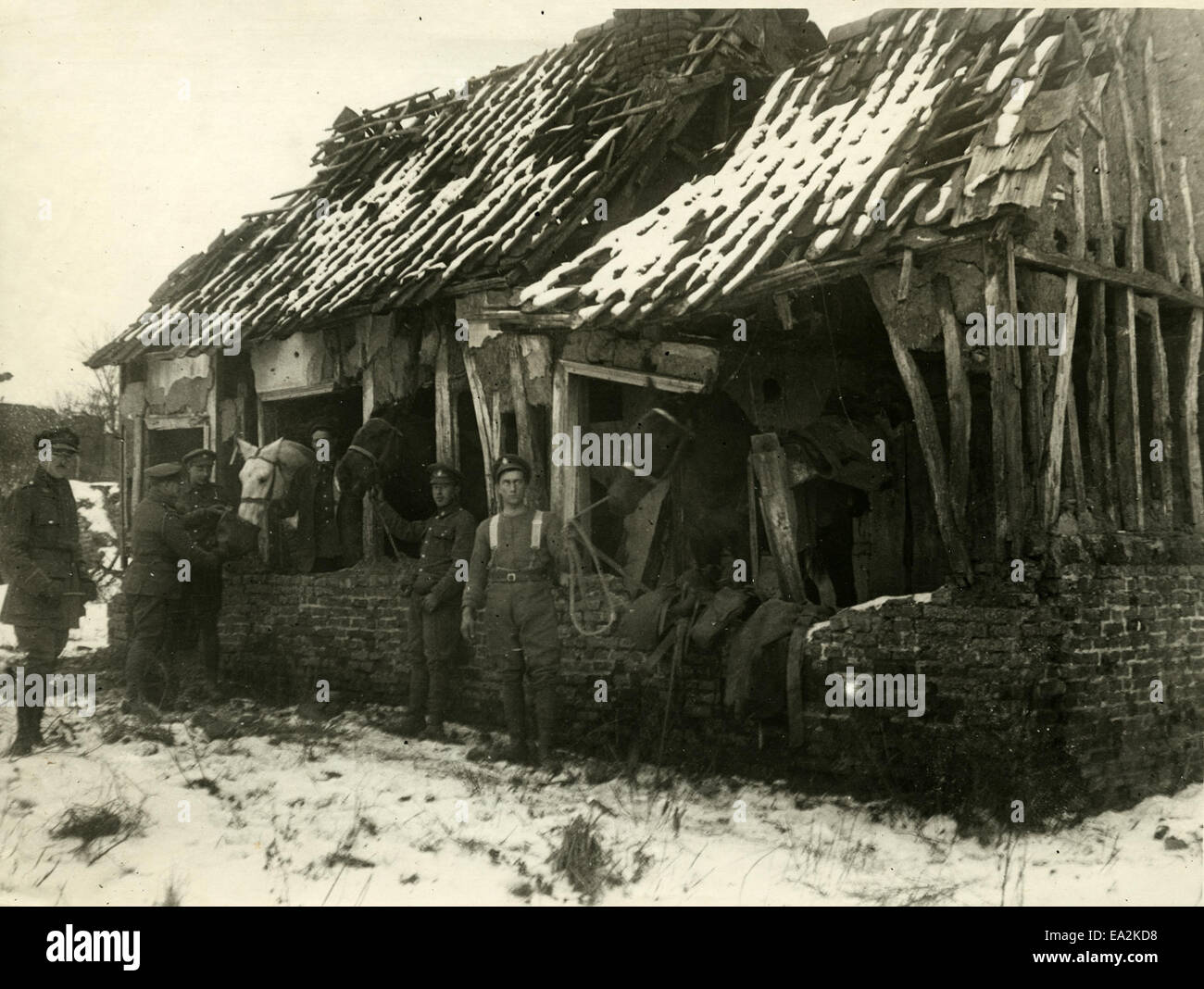 Dieses Foto, das während der deutschen Offensive an der britischen Westfront in Frankreich während des Ersten Weltkriegs aufgenommen wurde, zeigt Ställe in den fortgeschrittenen Linien und bietet einen seltenen Einblick in die militärische Infrastruktur und die Bedingungen, denen Soldaten während des Konflikts ausgesetzt waren. Stockfoto