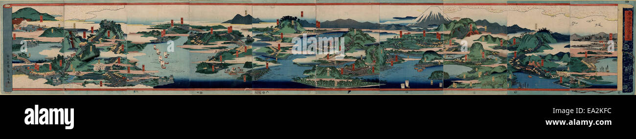 Dieser Panoramablick zeigt die berühmten 53 Stationen des Tokaido Highway, einer historischen Route, die Edo (das moderne Tokio) mit Kyoto in Japan verband. Die Bahnhöfe waren wichtige Ruhepunkte für Reisende während der Edo-Zeit. Stockfoto