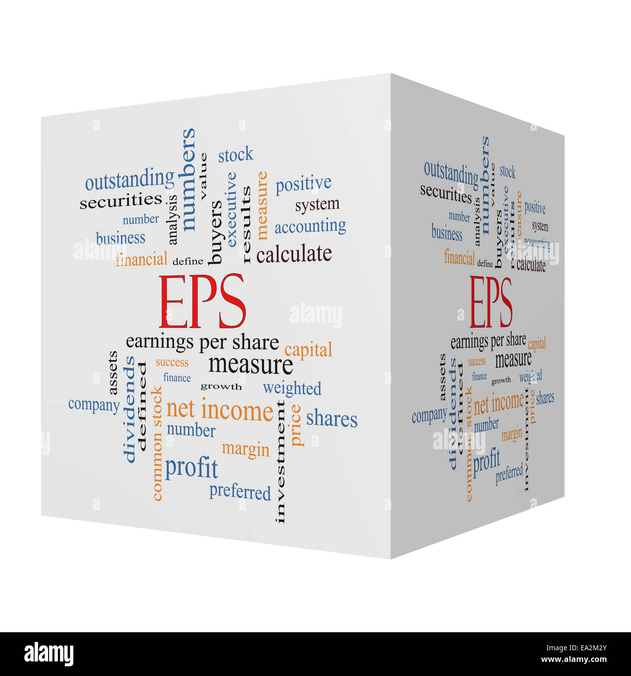 EPS 3D-Würfel Word Cloud-Konzept mit großen Begriffe wie Ergebnis pro Aktie, Lager und vieles mehr. Stockfoto