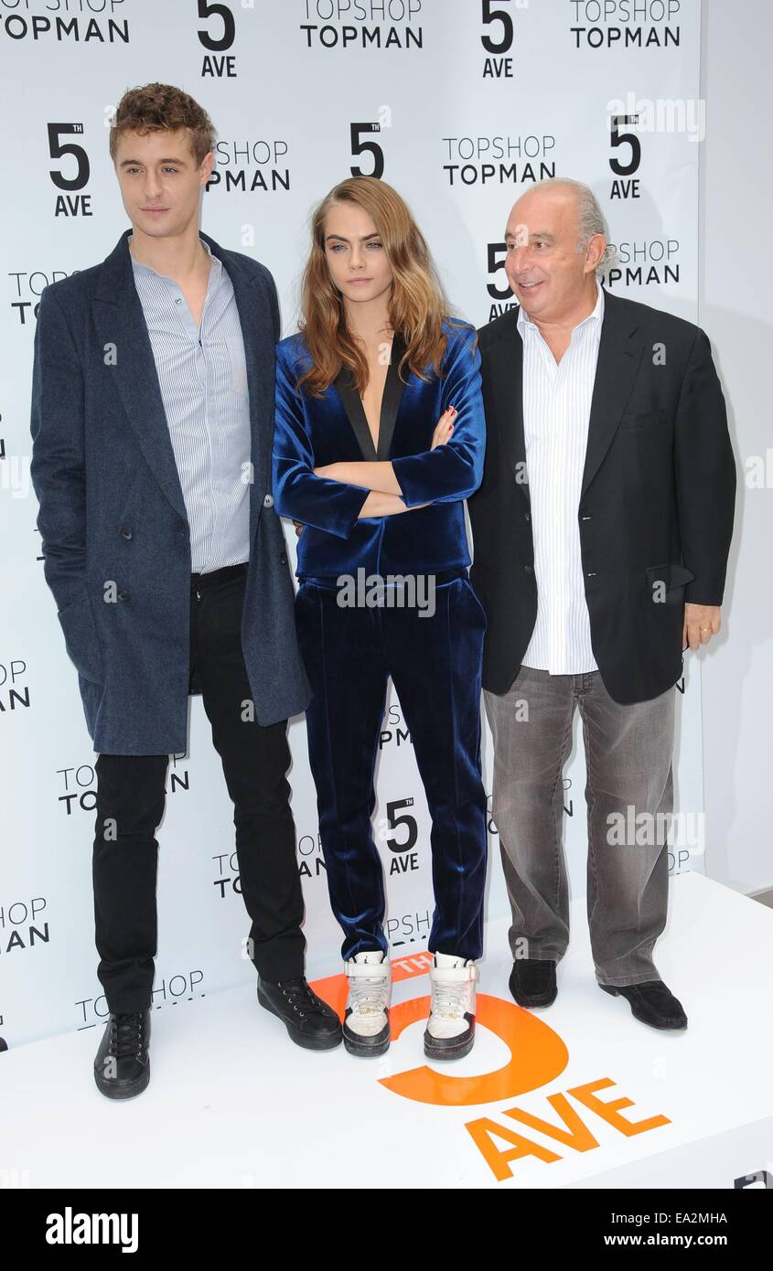 New York, NY, USA. 5. November 2014. Max Irons, Cara Delevingne, Phillip Green in Anwesenheit für Topshop Topman Flagship Store Eröffnung, 608 Fifth Avenue, New York, NY 5. November 2014. Bildnachweis: Kristin Callahan/Everett Collection/Alamy Live-Nachrichten Stockfoto