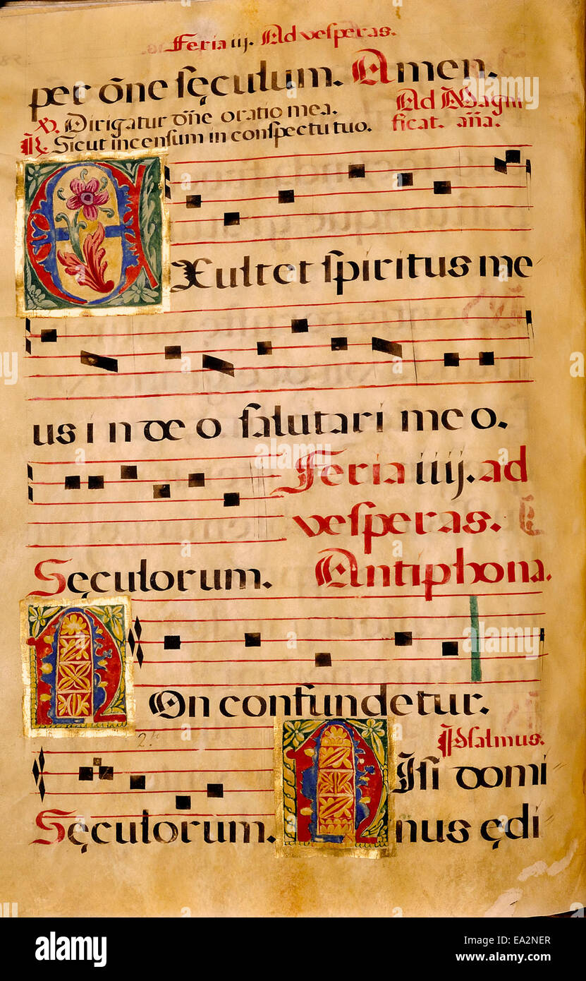 Seite 123 einer spanischen Gesangshandschrift, die die Sammlung heiliger lateinischer Gesänge aus dem Mittelalter fortsetzt, mit präziser Notation für religiöse Zeremonien. Stockfoto