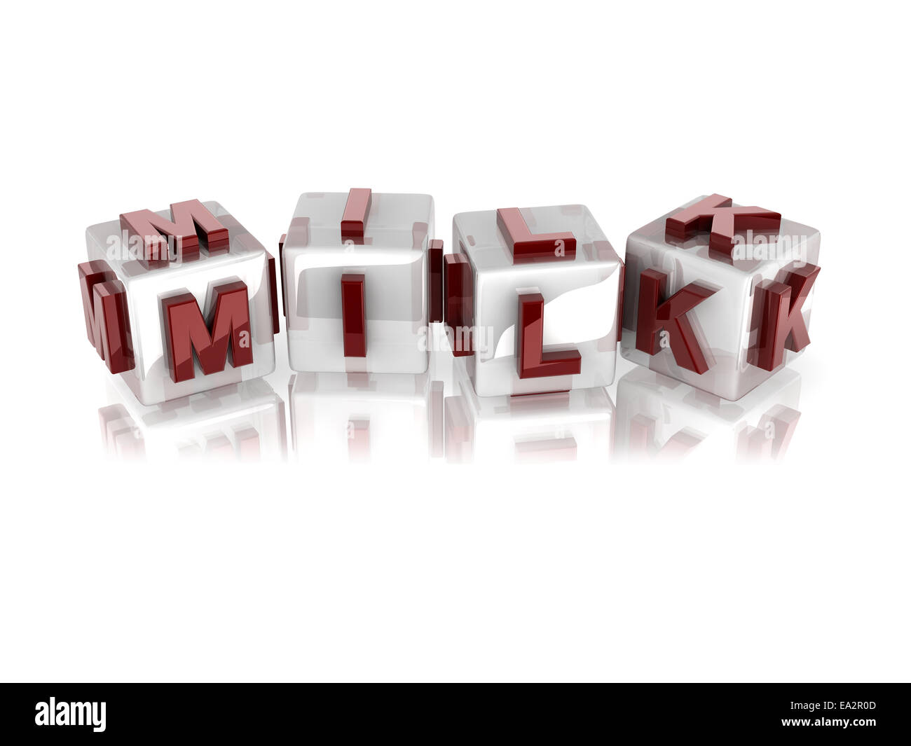 roter 3d Text "Milch" auf reflektierende rote Würfel. Stockfoto
