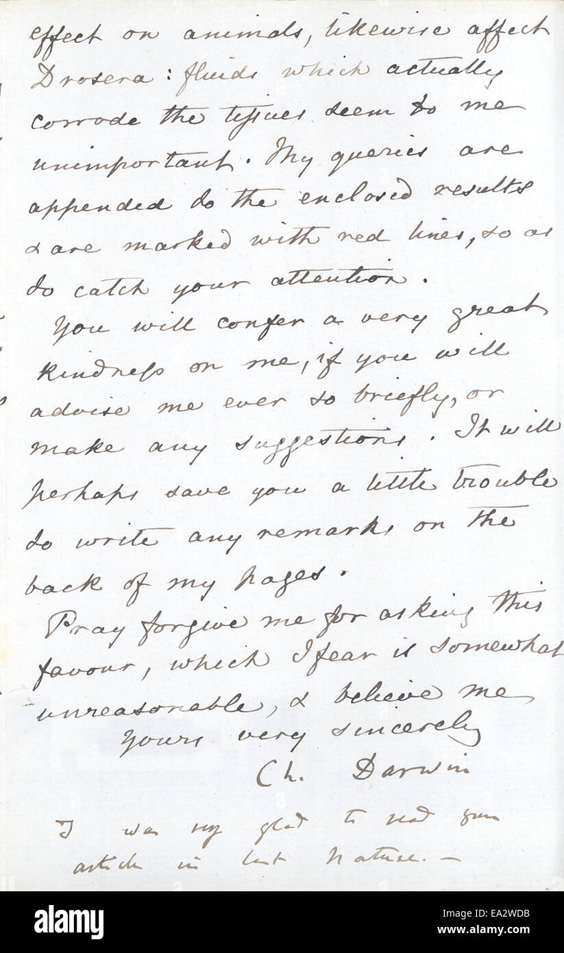 Ein Brief von Charles Darwin an John Burdon-Sanderson vom 24. Juni 1873, in dem er seine Korrespondenz über wissenschaftliche Fragen, insbesondere Evolution und Biologie, fortsetzte. Stockfoto