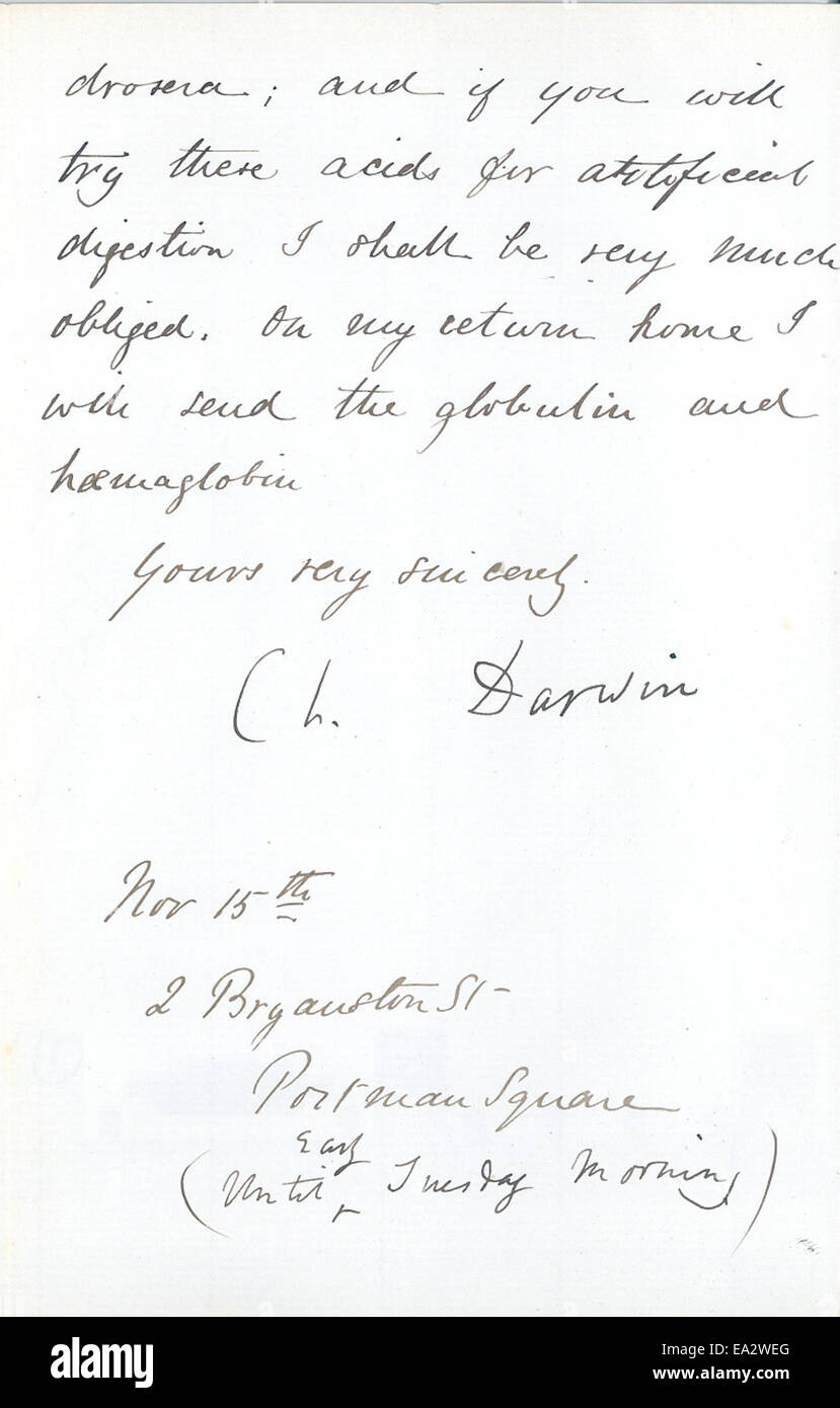 Ein Brief von Charles Darwin an John Burdon-Sanderson vom 15. November 1873, in dem Themen der Evolutionsbiologie und der Naturgeschichte weiter diskutiert werden. Dieser Brief hebt den wissenschaftlichen Diskurs zwischen zwei Schlüsselfiguren der Biologie hervor. Stockfoto