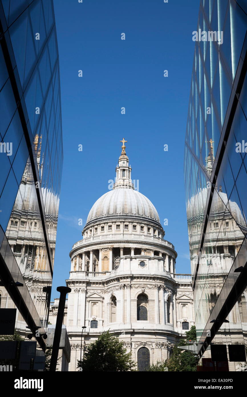 Kuppel der St. Pauls Kathedrale reflektiert in Office Windows, London, England, Vereinigtes Königreich, Europa Stockfoto