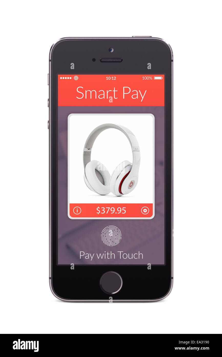 Direkt Frontansicht schwarz Smartphones mit nfc-smart Pay-Anwendung auf dem Schirm isoliert auf weißem Hintergrund. Das Konzept-o Stockfoto